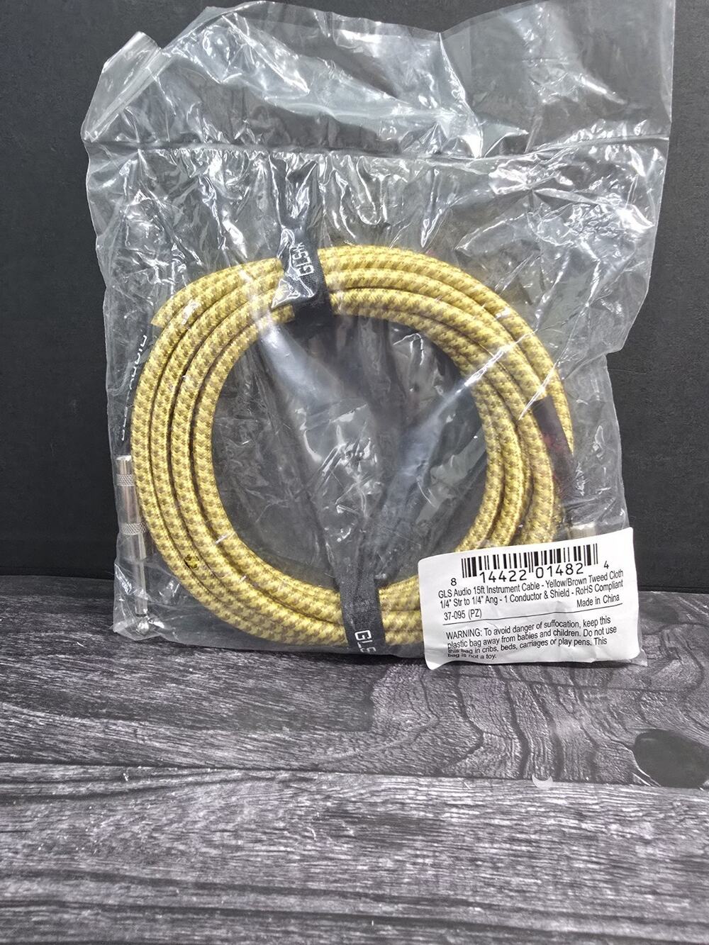 GLS Audio 15ft Tweed 1/4" Instrument Cable, Straight to Angled Guitar Bass-NEW!